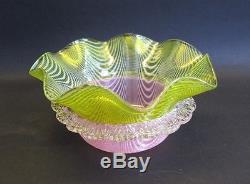 Superb Antique Victorian Art Glass Bowl with Pink & Yellow Feathers c. 1900 Webb