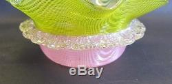 Superb Antique Victorian Art Glass Bowl with Pink & Yellow Feathers c. 1900 Webb
