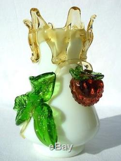 Superb Antique Victorian Opaque Uranium Glass Vase Applied Leaves Berry Harrach