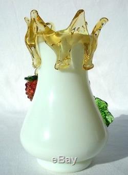 Superb Antique Victorian Opaque Uranium Glass Vase Applied Leaves Berry Harrach