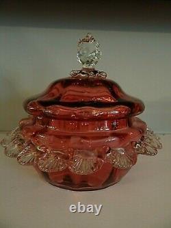 THOMAS WEBB Glass Victorian Ruby Cranberry Applied Rigaree Covered Butter Dish