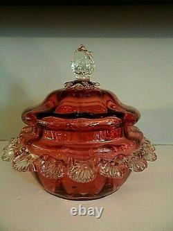 THOMAS WEBB Glass Victorian Ruby Cranberry Applied Rigaree Covered Butter Dish