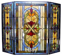 TIFFANY STAINED GLASS FIREPLACE SCREEN AMBER JEWELS Victorian Art Deco