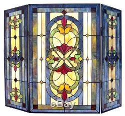 TIFFANY STAINED GLASS FIREPLACE SCREEN AMBER JEWELS Victorian Art Deco