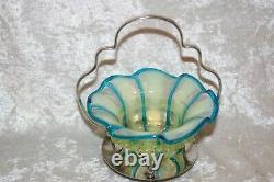 TS Victorian Blue Striped Vaseline Opalescent Candy Dish in Silver Plate Stand