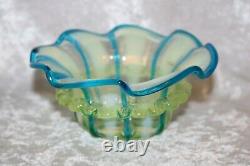 TS Victorian Blue Striped Vaseline Opalescent Candy Dish in Silver Plate Stand