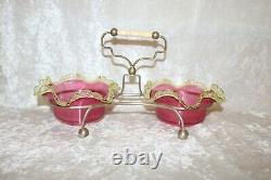 TS Victorian Cranberry & Vaseline Double Sweet Meat Candy Dishes with Stand