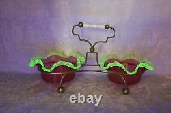 TS Victorian Cranberry & Vaseline Double Sweet Meat Candy Dishes with Stand