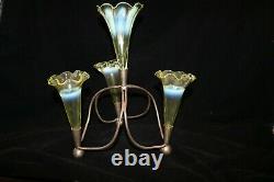 TS Victorian English Vaseline / Uranium Opalescent 4 Horned Epergne in Stand