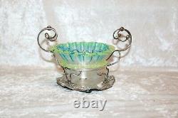 TS Victorian Threaded Vaseline Candy Dish in Silver Plate Stand