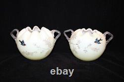 TS Victorian Vaseline Matching Pair of Harrach Enameled Uranium Rose Bowls