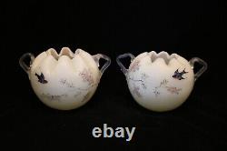 TS Victorian Vaseline Matching Pair of Harrach Enameled Uranium Rose Bowls