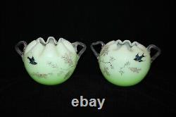 TS Victorian Vaseline Matching Pair of Harrach Enameled Uranium Rose Bowls