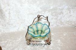 TS Victorian Vaseline Opalescent Webb Candy Dish in Silver Plate Stand