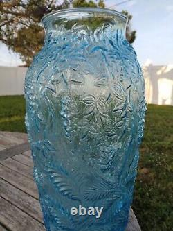 Tall 15 Fenton Art Glass Peacock and Ferns Aqua Blue Vase