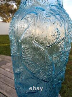 Tall 15 Fenton Art Glass Peacock and Ferns Aqua Blue Vase