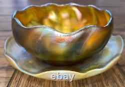 Tiffany Studios Art Glass Finger Bowl & Underplate Gold Iridescent Favrile