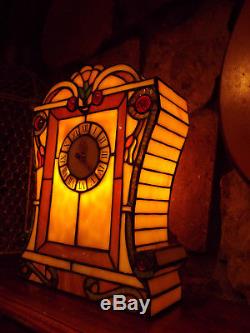Tiffany Style Art Deco Stained Glass Lighted Mantel Clock Victorian