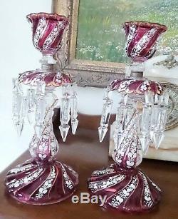 Two Antique Cranberry Color Lustres Handpainted Enamel 4 Double Crystals