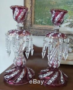 Two Antique Cranberry Color Lustres Handpainted Enamel 4 Double Crystals