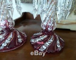 Two Antique Cranberry Color Lustres Handpainted Enamel 4 Double Crystals