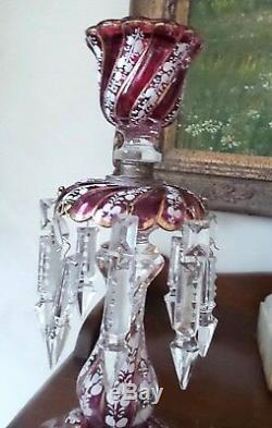 Two Antique Cranberry Color Lustres Handpainted Enamel 4 Double Crystals