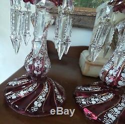 Two Antique Cranberry Color Lustres Handpainted Enamel 4 Double Crystals