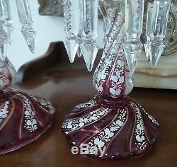 Two Antique Cranberry Color Lustres Handpainted Enamel 4 Double Crystals