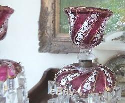 Two Antique Cranberry Color Lustres Handpainted Enamel 4 Double Crystals