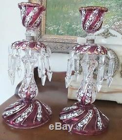 Two Antique Cranberry Color Lustres Handpainted Enamel 4 Double Crystals