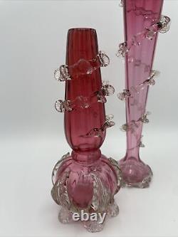 Two Stevens & Williams Blown Thorn Cranberry Vases with Rigaree 10 3/4 & 8 3/4