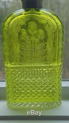 Ultra Rare Antique FLASK Cased Vaseline & Clear Glass with hand cut & etched