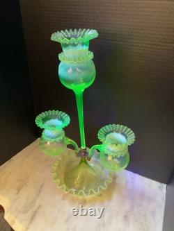 Unusual Excquisite Vaseline And Opalescent Art Glass Epergne
