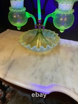 Unusual Excquisite Vaseline And Opalescent Art Glass Epergne