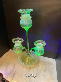 Unusual Excquisite Vaseline And Opalescent Art Glass Epergne