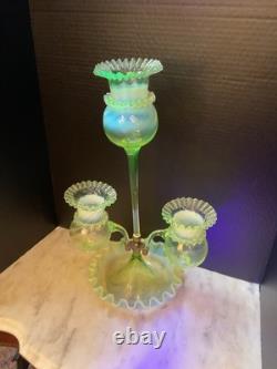 Unusual Excquisite Vaseline And Opalescent Art Glass Epergne