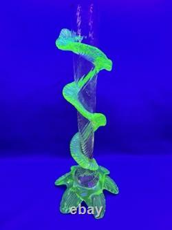 Uranium Glass Bohemian Art Glass Vase Spiral Flute w Applied Motif Glows Vintage Uranium Glass Bohemian Art Glass Vase Spiral Flute w Applied Motif Glows Vintage
