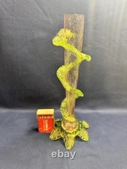 Uranium Glass Bohemian Art Glass Vase Spiral Flute w Applied Motif Glows Vintage Uranium Glass Bohemian Art Glass Vase Spiral Flute w Applied Motif Glows Vintage