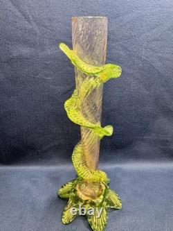 Uranium Glass Bohemian Art Glass Vase Spiral Flute w Applied Motif Glows Vintage Uranium Glass Bohemian Art Glass Vase Spiral Flute w Applied Motif Glows Vintage