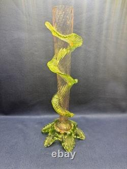 Uranium Glass Bohemian Art Glass Vase Spiral Flute w Applied Motif Glows Vintage Uranium Glass Bohemian Art Glass Vase Spiral Flute w Applied Motif Glows Vintage