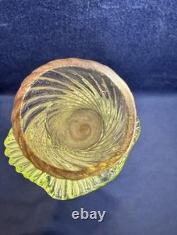 Uranium Glass Bohemian Art Glass Vase Spiral Flute w Applied Motif Glows Vintage Uranium Glass Bohemian Art Glass Vase Spiral Flute w Applied Motif Glows Vintage