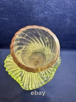 Uranium Glass Bohemian Art Glass Vase Spiral Flute w Applied Motif Glows Vintage Uranium Glass Bohemian Art Glass Vase Spiral Flute w Applied Motif Glows Vintage