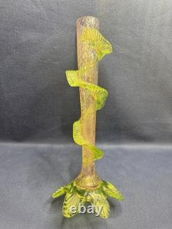 Uranium Glass Bohemian Art Glass Vase Spiral Flute w Applied Motif Glows Vintage Uranium Glass Bohemian Art Glass Vase Spiral Flute w Applied Motif Glows Vintage