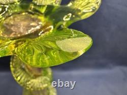Uranium Glass Bohemian Art Glass Vase Spiral Flute w Applied Motif Glows Vintage Uranium Glass Bohemian Art Glass Vase Spiral Flute w Applied Motif Glows Vintage