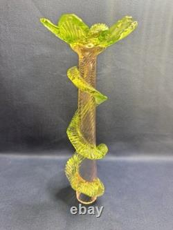 Uranium Glass Bohemian Art Glass Vase Spiral Flute w Applied Motif Glows Vintage Uranium Glass Bohemian Art Glass Vase Spiral Flute w Applied Motif Glows Vintage