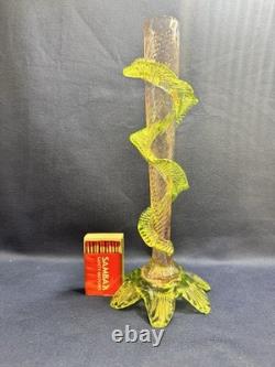 Uranium Glass Bohemian Art Glass Vase Spiral Flute w Applied Motif Glows Vintage Uranium Glass Bohemian Art Glass Vase Spiral Flute w Applied Motif Glows Vintage