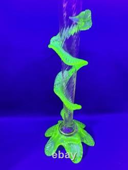 Uranium Glass Bohemian Art Glass Vase Spiral Flute w Applied Motif Glows Vintage Uranium Glass Bohemian Art Glass Vase Spiral Flute w Applied Motif Glows Vintage