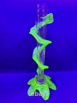 Uranium Glass Bohemian Art Glass Vase Spiral Flute w Applied Motif Glows Vintage Uranium Glass Bohemian Art Glass Vase Spiral Flute w Applied Motif Glows Vintage