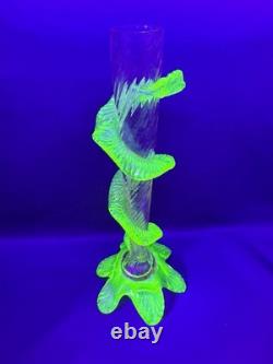 Uranium Glass Bohemian Art Glass Vase Spiral Flute w Applied Motif Glows Vintage Uranium Glass Bohemian Art Glass Vase Spiral Flute w Applied Motif Glows Vintage