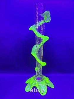 Uranium Glass Bohemian Art Glass Vase Spiral Flute w Applied Motif Glows Vintage Uranium Glass Bohemian Art Glass Vase Spiral Flute w Applied Motif Glows Vintage